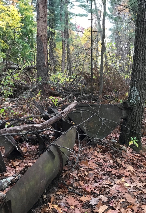 Large pieces of rusty metal in a wooded area
