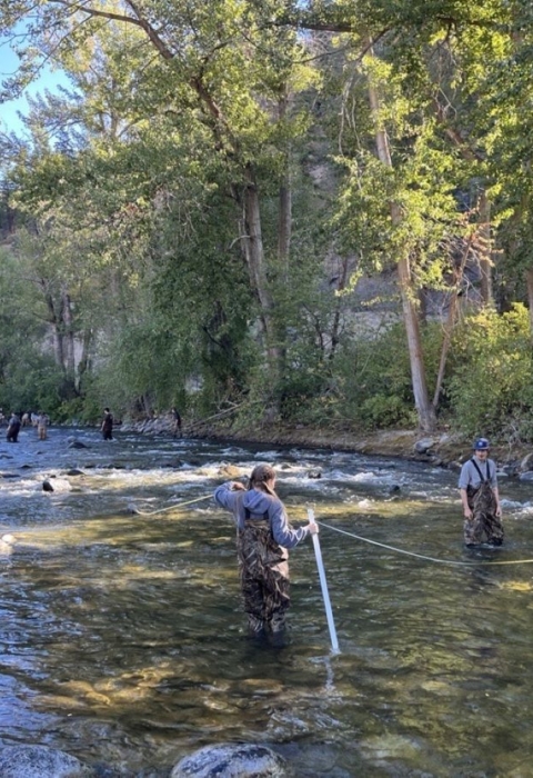 a group of three students wade across the river with a tape measure with a large group of students in the river in the background
