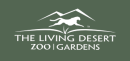 Logo that reads, The Living Desert Zoo | Gardens with a small illustrated white image of a cheetah and a mountain outline.
