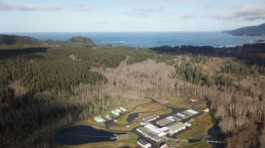 An aerial image of Makah National Fish Hatchery in Clallam Bay, Washington
