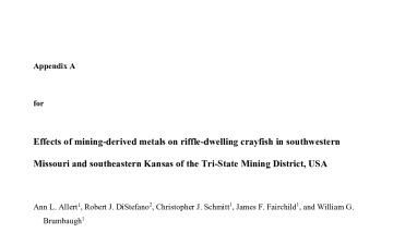  Appendix A for Effects of mining-derived metals on riffle-dwelling crayfish and in southwestern Missouri and southeastern Kansas of the Tri-State Mining District, USA (2011)