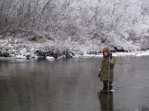 Person in a creek taking a flow measurement