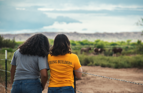 Two people standing next to a barbed wire fence looking at horses with greenery and desert mountains in the background.