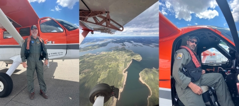 banner collage that has a pilot standing in front of the plane on the left, an aerial view in the middle, and a biologist sitting in the airplane on the right