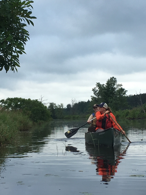 Pair canoeing down a river