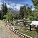 A group of people work in a garden with mountains and blue sky with clouds in the background
