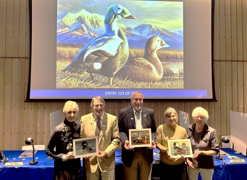 Judges at the 2024 Federal Duck Stamp Art Contest hold the winning artwork. 