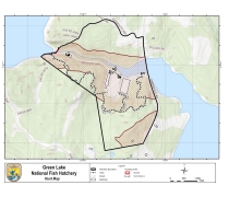 Map of Green Lake National Fish Hatchery trails with no hunt zone