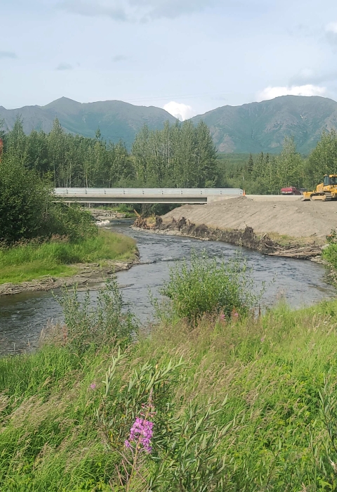 a bridge over a river in the distance with mountains in the background and pink fireweed flowers in the foreground