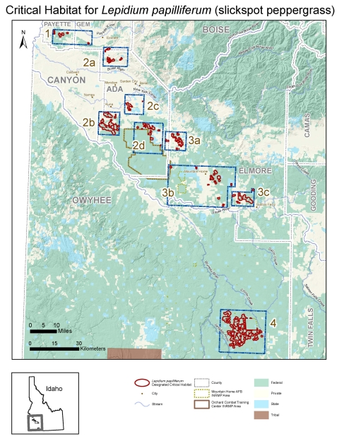 A map of the slickspot peppergrass area of critical habitat can be seen