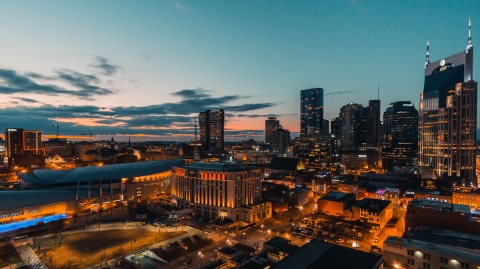 A city skyline at dusk