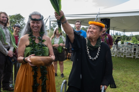 A woman with a orange head lei and beads around her neck raises taro leaves above her. Water splashes from the leaves. A woman in a traditional orange skirt and green top stands beside her holding a wooden bowl and smiling.