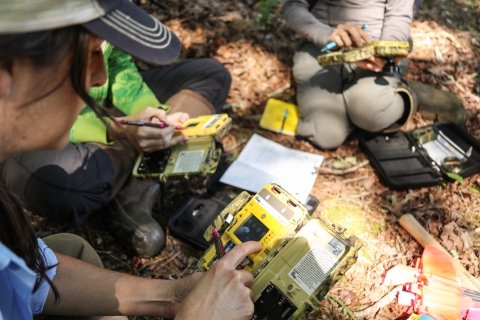 Group of people sitting on a forest floor holding electronic devices