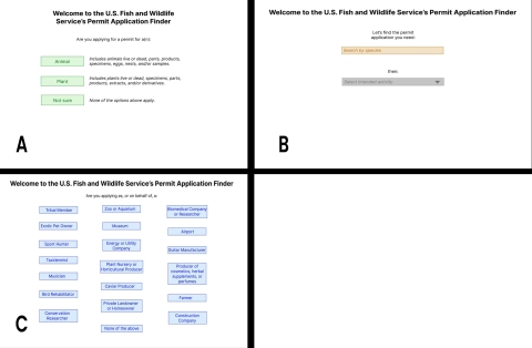 screenshot of three options (A, B, C) for a prototype of an application wizard. option A asks users to select animal, plant or other. Option B asks users to select the species and activity. Option C asks users to select a persona type (e.g., zoo or aquarium, Tribal member).