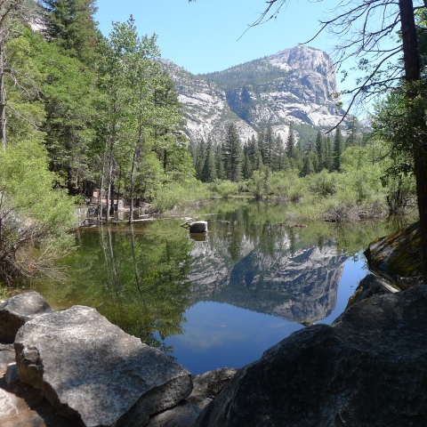 A lake surrounded by trees with mountains in the background
