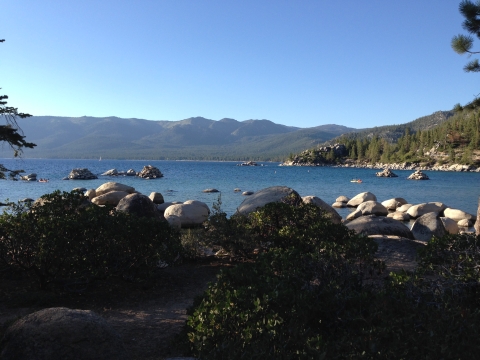 A lake with rocks and vegetation in front