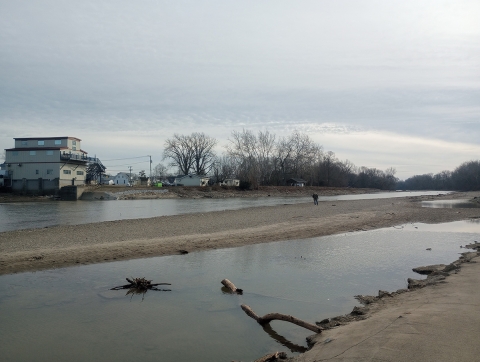 A tranquil river scene with a wide sandy shore and shallow water. Driftwood is scattered on the sand. In the background, a few buildings and leafless trees are visible under a cloudy sky. A person walks along the shore.