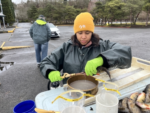 AmeriCorps intern holding with sampling gear in the foreground. Parking lot and a person standing in the background.