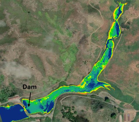 Geospatial image showing the impoundment of sediment upstream of the dam on Rodeo Creek in the Golden Gate National Recreation Area in California