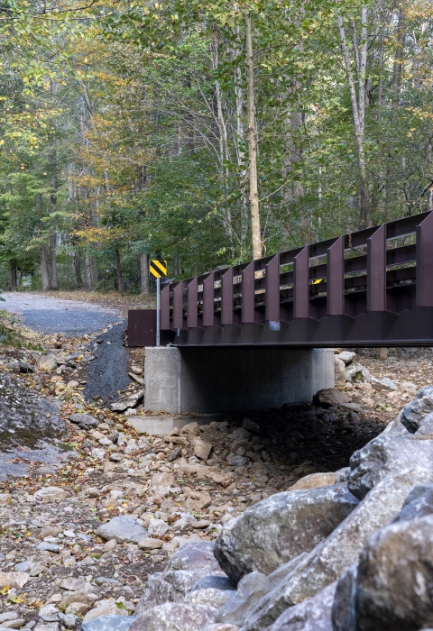 A bridge crosses a dry creek bed. 