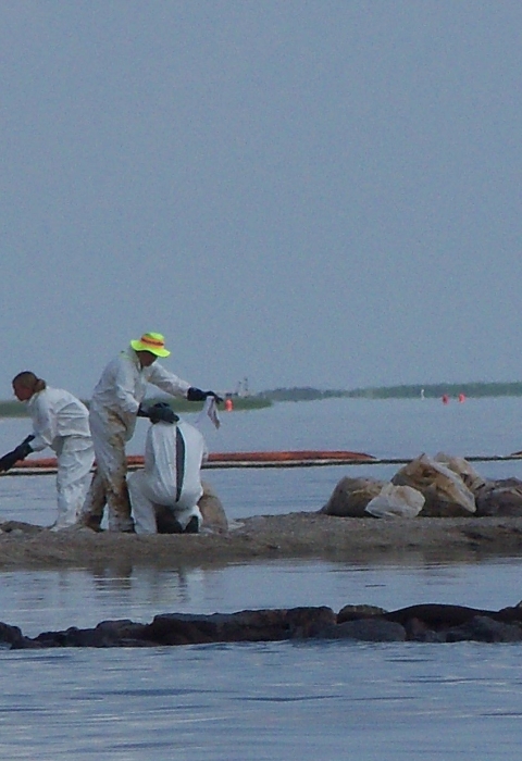 White-suited people collect samples on an oil-tarred beach in Louisiana.