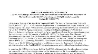 FINDING OF NO SIGNIFICANT IMPACT for the Final Damage Assessment and Restoration Plan and Environmental Assessment for Marine Resources for the M/V Selendang Ayu Oil Spill, Unalaska, Alaska
