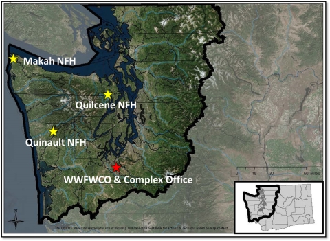 This is a map view of the facility locations and area of coverage for the Puget Sound/Olympic Peninsula Fisheries Complex in WA State.