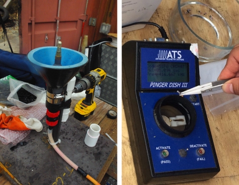 Two images, one shower the acoustic receiver being prepared and another showing the acoustic tag reader.