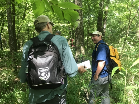 two men standing in a forest talking