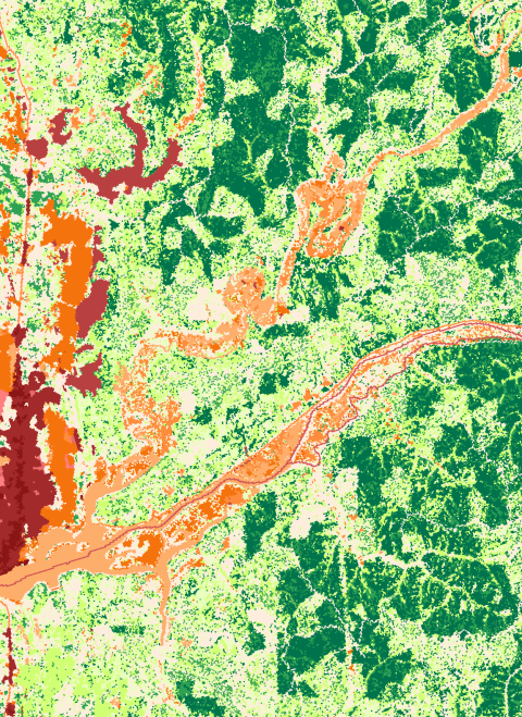 Example map showing symbolized resistance surface from the coastal marten connectivity analysis.