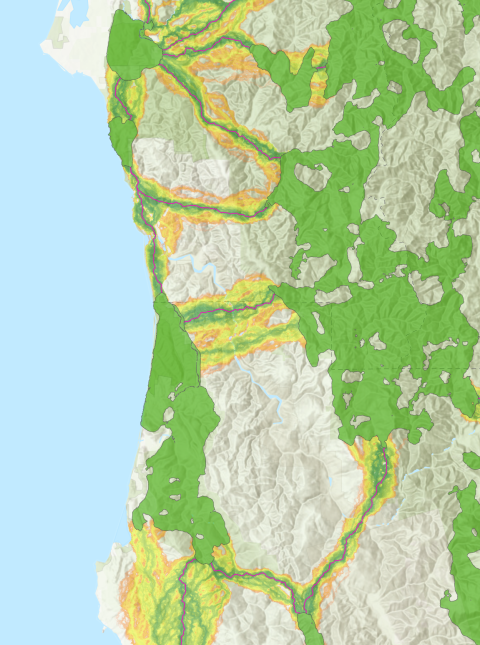 Example map showing symbolized primary model outputs from the coastal marten connectivity analysis.