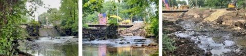 3 successive images High Street Dam during phases of removal, full dam, partial, gone