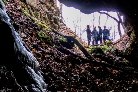 A group of four biologists wearing coveralls and helmets stand just outside the entrance to a mine