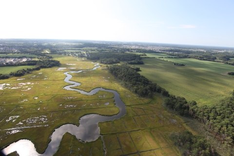 Green marshland, a wandering river and human-made canals are visible in this aerial of Cape May National Wildlife Refuge.
