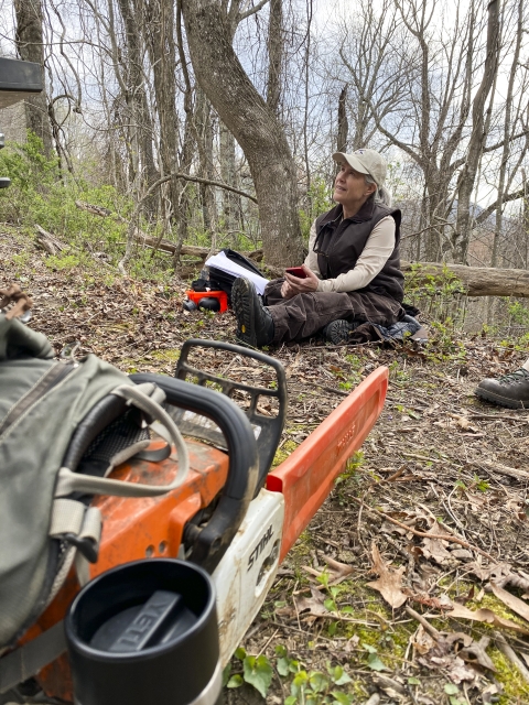 Woman sitting on the forest floor with a chainsaw in the foreground