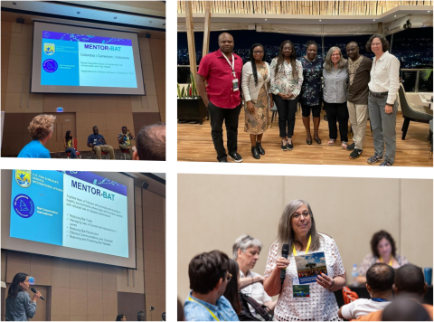 A collage of photos showing a slide being presented with information on the MENTOR-Bat program; another showing a woman speaking into a microphone and an information booklet; and another showing seven people lined up for a group photo. . 