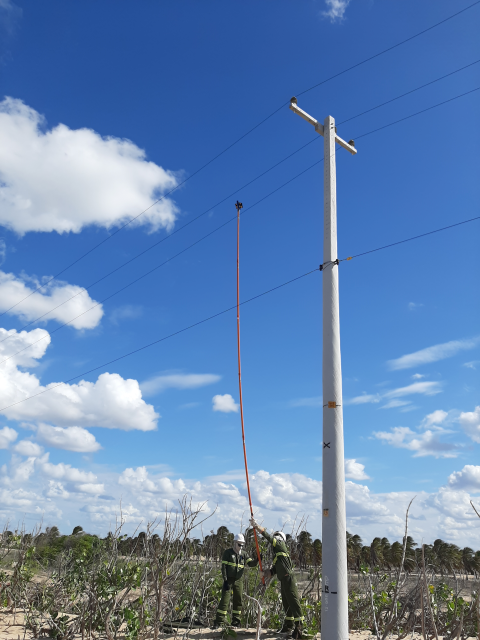 two people with a long pole hold a small marker underneath a power line