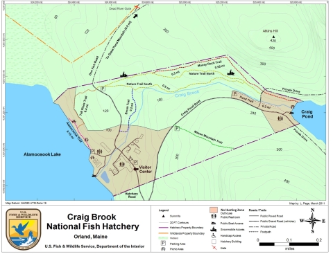 Map with legend of Craig Brook National Fish Hatchery trail and hunting areas.