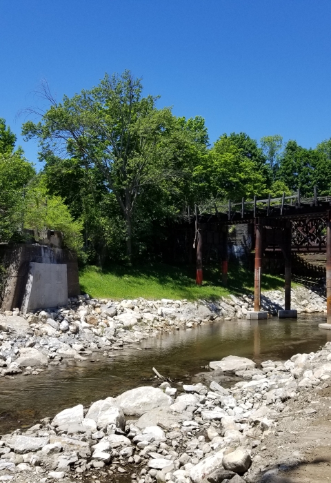 A river flows from upper right to lower left, with part of a red brick building and green trees on the left bank and white rocks and soil on the other. An old railroad bridge is in the background.