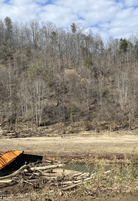 A crumpled shipping container in the Cane River.