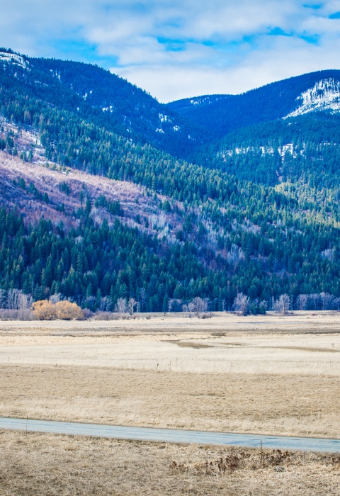 A car drives along riverside road at Kootenai NWR