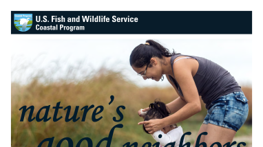 Natureʻs Good Neighbor Brochure Cover with sister holding younger sister's hands standing at the waters edge in a tidal marsh. 