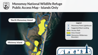 Map titled "Monomoy National Wildlife Refuge Public Access Map – Islands Only." The map depicts the Monomoy barrier island system off the coast of Chatham, Massachusetts, with aerial imagery as the base layer. North Monomoy Island occupies the upper portion of the map, South Monomoy Island is shown below, and Minimoy Island is located west of North Monomoy. Refuge lands are outlined in blue, and areas designated as Monomoy Wilderness are highlighted in yellow. A legend identifies a suggested public landing