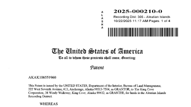 King Cove Corporation Land Exchange Patent
