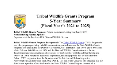 Tribal Wildlife Grants Program 5-Year Summary for Fiscal Year’s 2021 to 2025