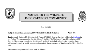 OLE Public Bulletin- Final Rule Amending 50 CFR Part 10 Shellfish Definition 26-002 06-26-2026