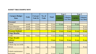 Budget Table Example - USFWS-IA Notice of Funding Opportunity