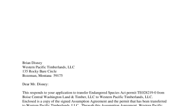 Example Incidental Take Permit Transfer Letter
