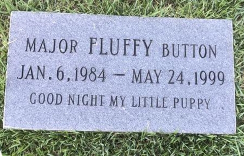 A headstone reads "Major Fluffy Button, Jan. 6, 1984 - May 24, 1999, Good Night My Little Puppy"