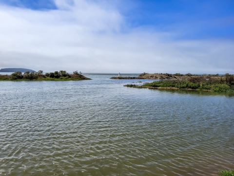 Blue skies with clouds over water surrounding islands and peninsulas